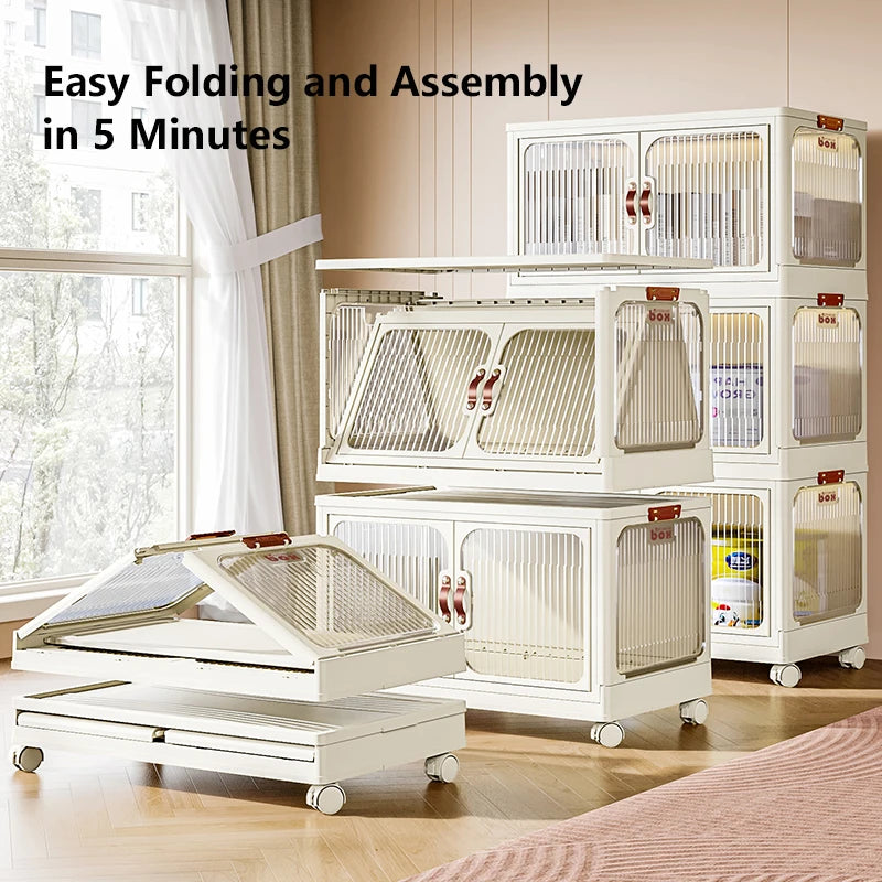 Folding Storage Box with Doors and Wheels Lockable Storage Bins with Lids