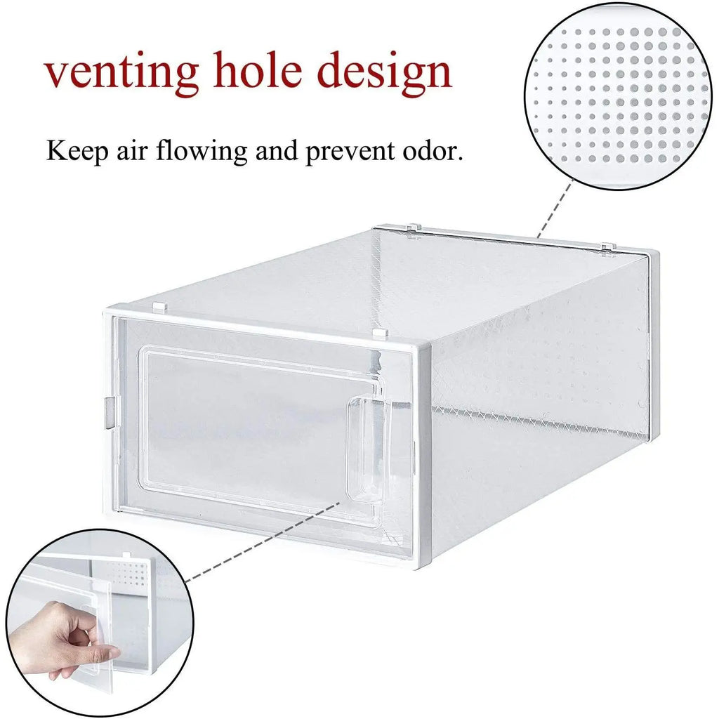 8 Pack White Foldable Shoe Box Clear Stackable Storage Bins