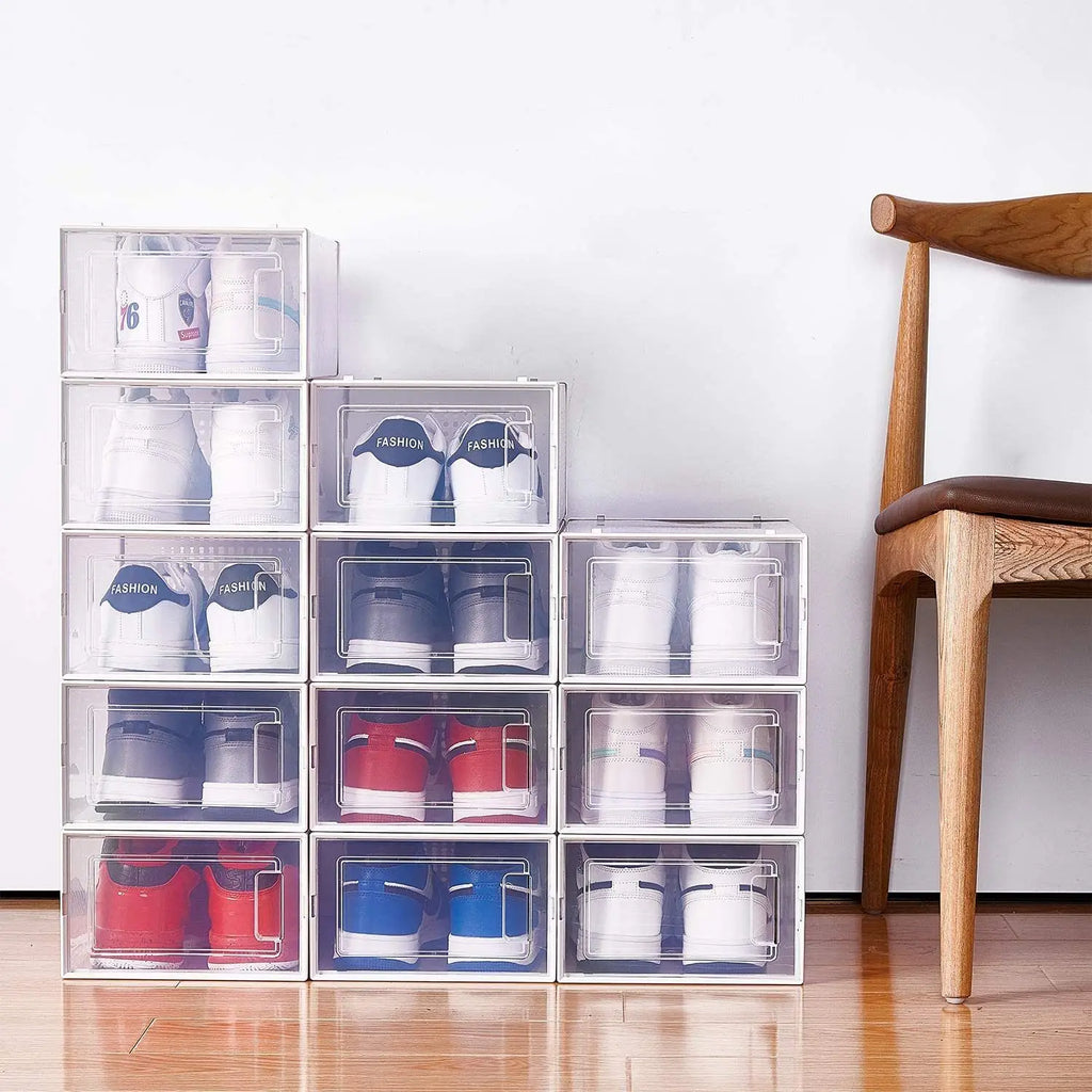 8 Pack White Foldable Shoe Box Clear Stackable Storage Bins