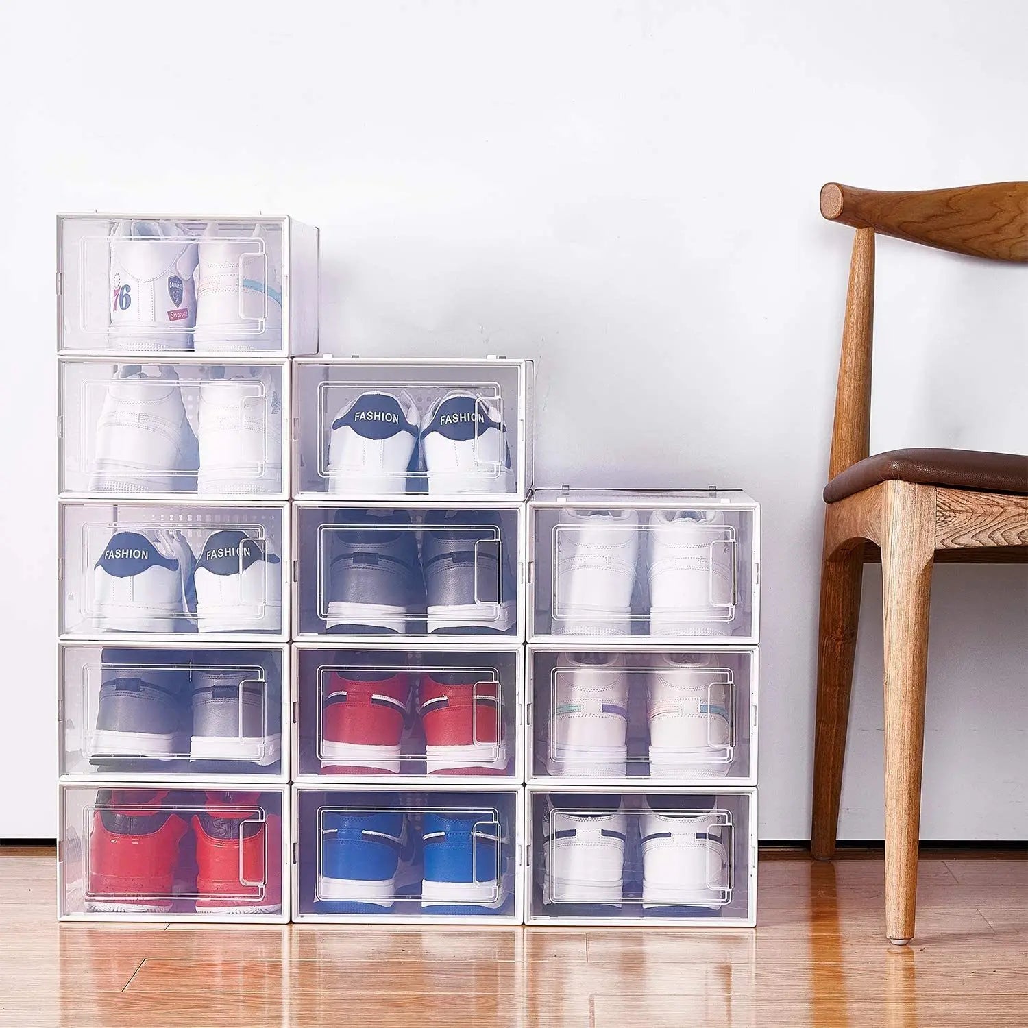 8 Pack White Foldable Shoe Box Clear Stackable Storage Bins
