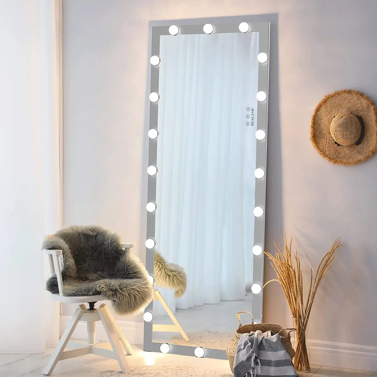 Wall Mounted Body Floor Mirror Full Length with Light Bulbs