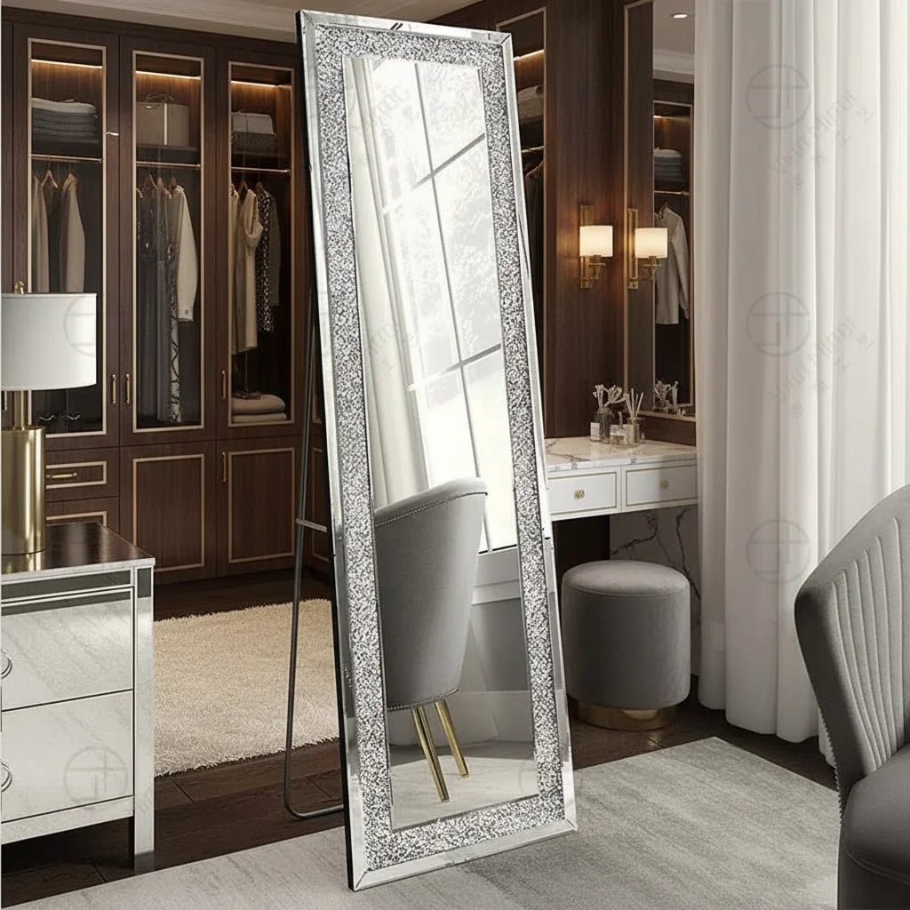 Floor Mirror with Art Decor Crushed Diamond Crystal Design