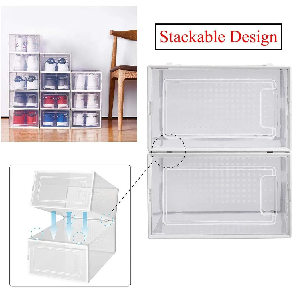 8 Pack White Foldable Shoe Box Clear Stackable Storage Bins