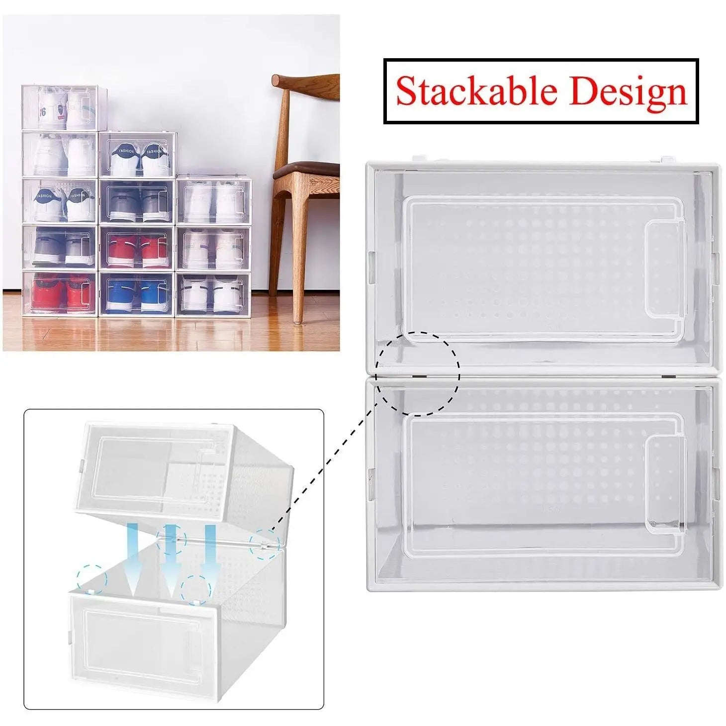 8 Pack White Foldable Shoe Box Clear Stackable Storage Bins