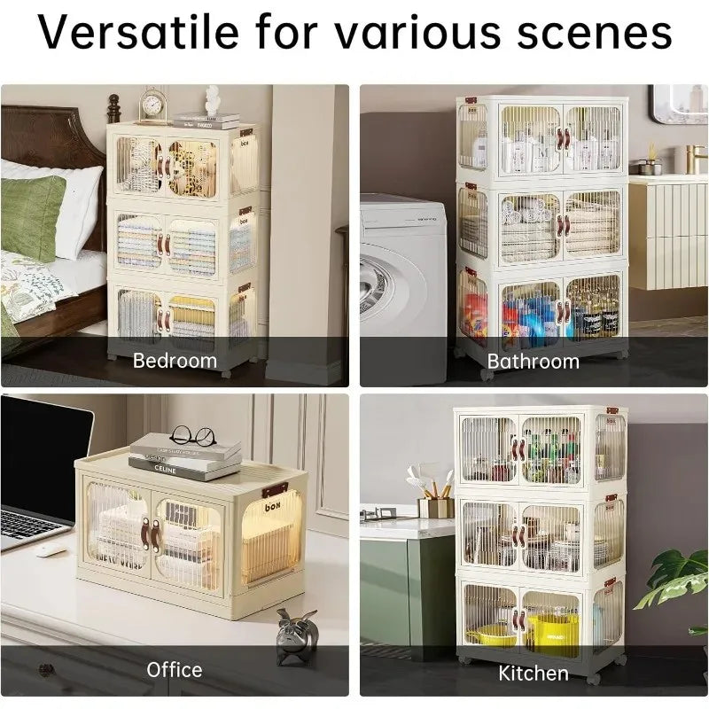 Folding Storage Box with Doors and Wheels Lockable Storage Bins with Lids