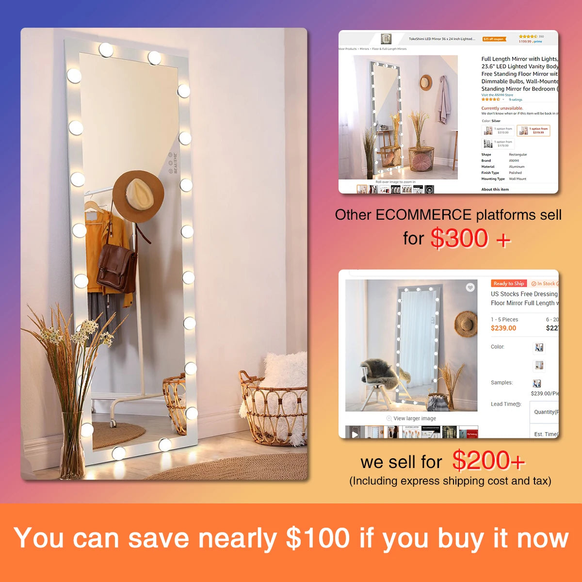 Wall Mounted Body Floor Mirror Full Length with Light Bulbs