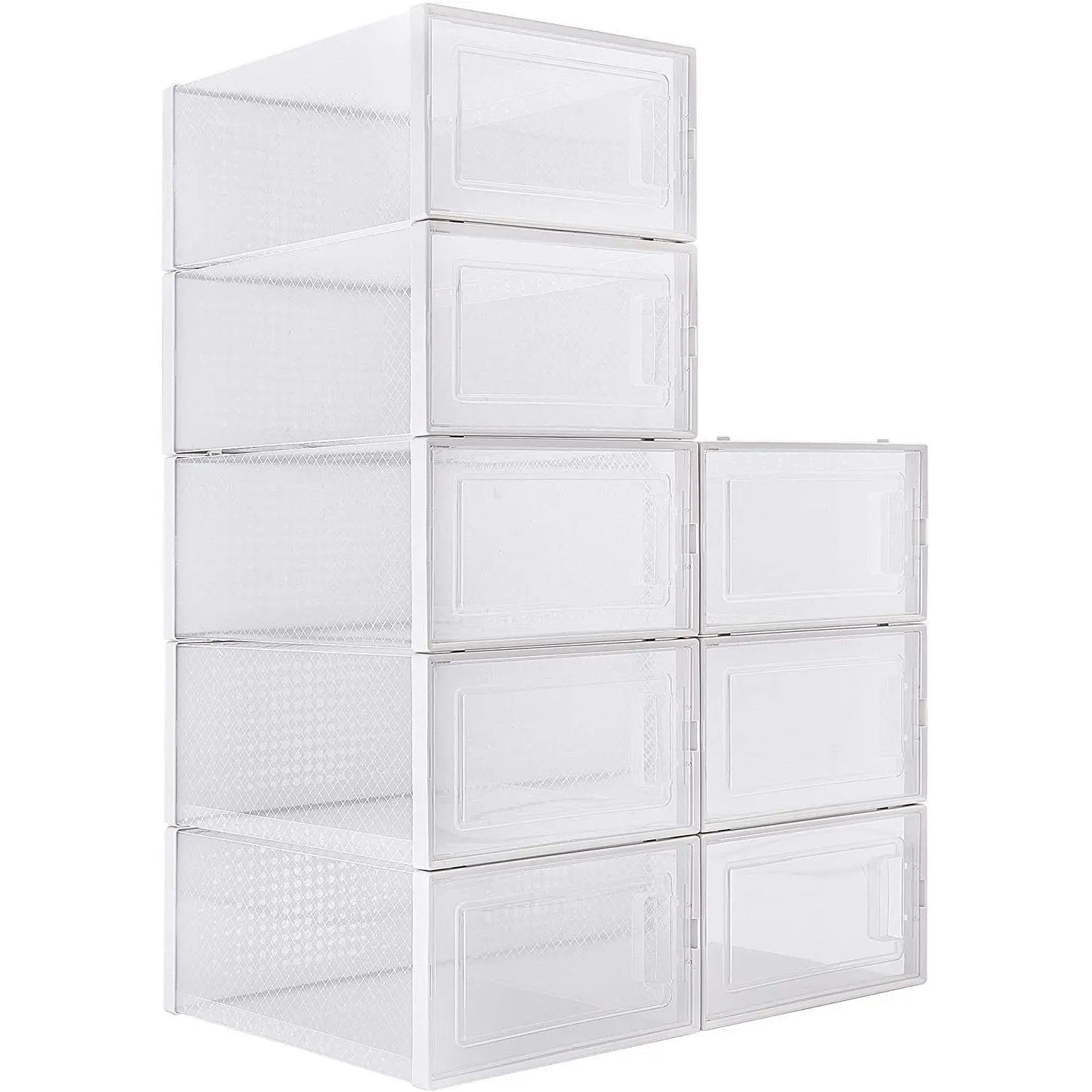 8 Pack White Foldable Shoe Box Clear Stackable Storage Bins